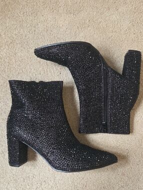 Forever Black Glitter Rhinestone Block Heel Ankle Boots